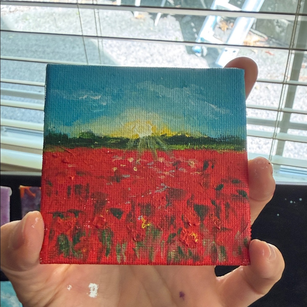 Original Vibrant Red Field Canvas Miniature Painting/Magnet 3x3 inches